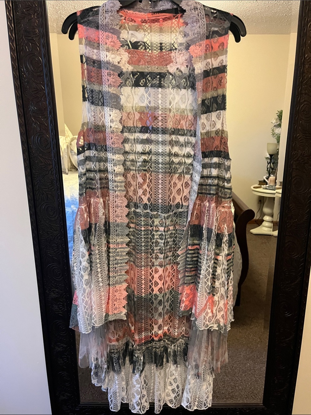 Origami XL Boho Lace Trim Multicolor Sleeveless Vest - Coral, Black,White & Gray